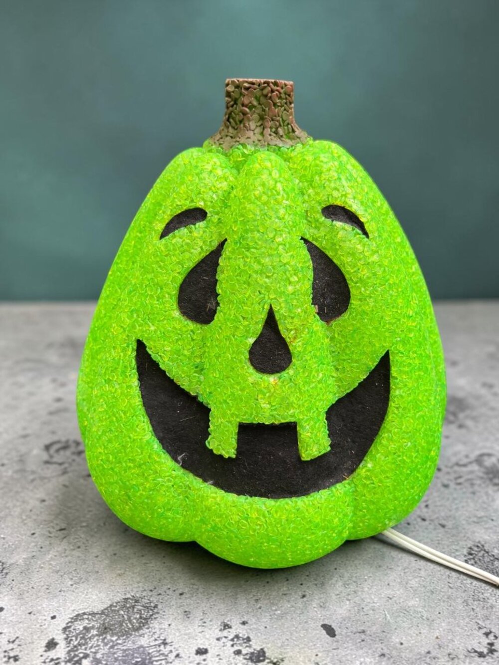 Vintage Green Melted Plastic Popcorn Light-Up Pumpkin Halloween Decoration With
